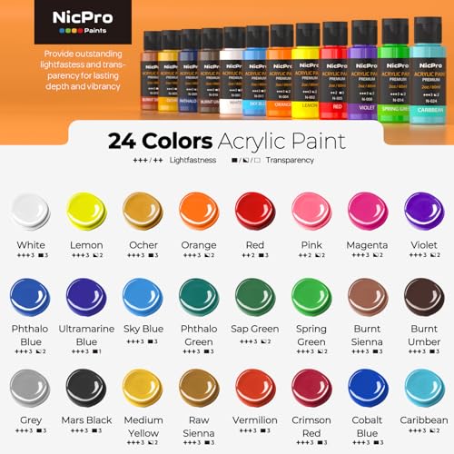 Acrylic Paint Set 24 Colors 2oz with 12 Brushes & Palette (48 Fl Oz)
