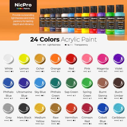 Acrylic Paint Set 24 Colors 2oz with 12 Brushes & Palette (48 Fl Oz)