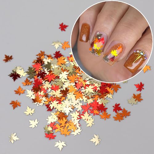 Thanksgiving Glitters Nails Sequins Fall Nail Glitter Sequins Autumn Maple Leaf Flakes Design Nails Charms Holographic Mixed Color 3D Confetti Nails Glitter for Women (2 Ounce)
