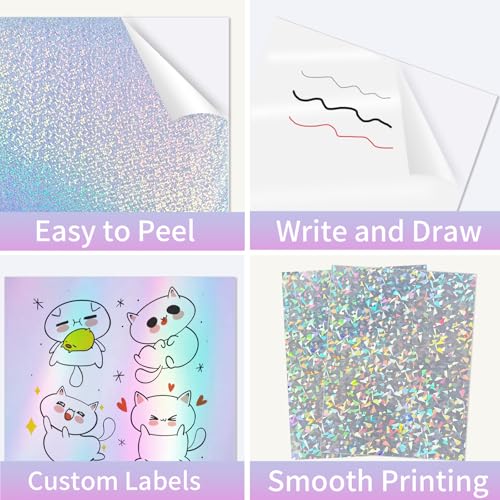Holographic Sticker Paper for Inkjet & Laser Printer 8.5x11 inch Printable Vinyl Holographic Sticker Paper Self