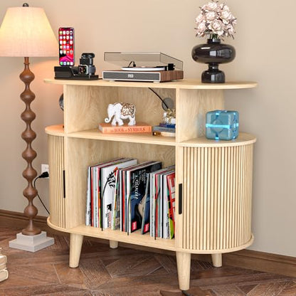 Large Round Record Player Stand with Charging Station & USB Ports