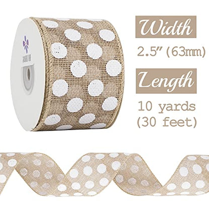 Burlap Ribbon with White Polka Dots (30 Foot)