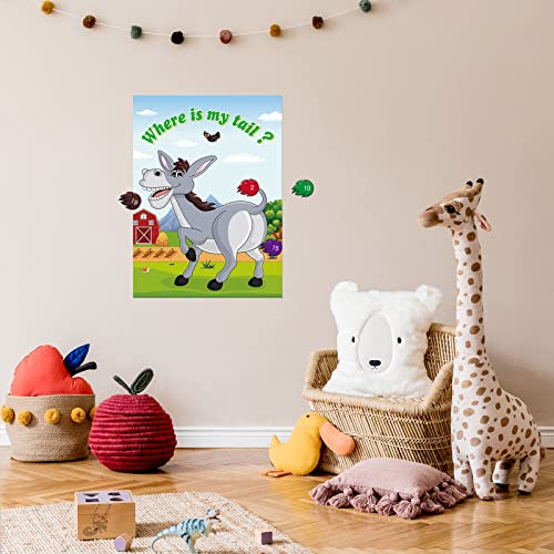Pin The Tail on The Donkey Game with 30 Tail Stickers for Birthday Party Carnival Circus Supplies