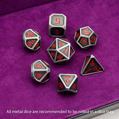 Ancient Silver Metal DND Dice Set D&D 7PCS Large Rounded Antiue Iron RPG Dice Red Numbers for Dungeons and Dragons TTRPG Game Gifts'