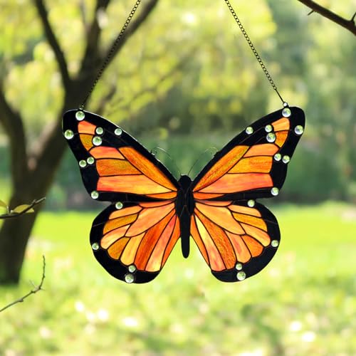 PA0007 Butterfly Stained Glass Window Panel 17" Wx12.75 H