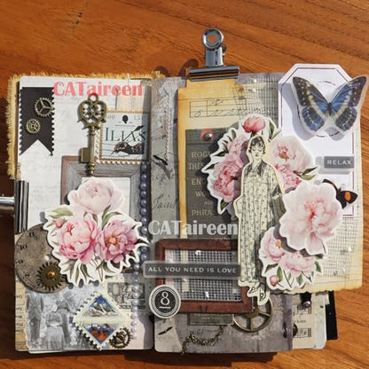 Vintage Junk Journal Items Kit Pre Cut Paper Cards Cutout Cardstock Art Aesthetic Decor Hollow Out Craft Elements Small Embellishments Supplies for Adults Scrapbook Pack