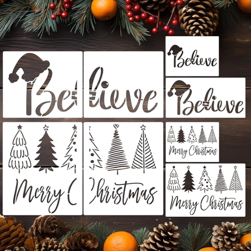 Merry Christmas Stencils for Crafts Reusable Christmas Stencils for Door Mats Believe Holiday Stencil for Painting on Wood Fabrics Porch Hanger Decor (8 Count)