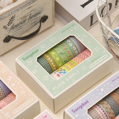 20 Rolls Basic Washi Tape Set Japanese Arts Adhesive Tapes Simple Patterns Decorative Masking Tape Sets for Craft (20 Count)