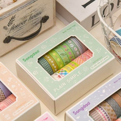 20 Rolls Basic Washi Tape Set Japanese Arts Adhesive Tapes Simple Patterns Decorative Masking Tape Sets for Craft (20 Count)