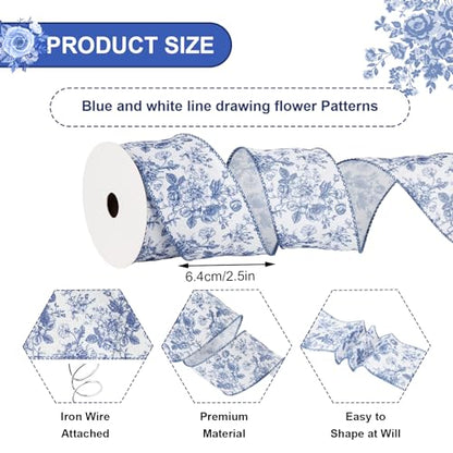 Floral Wired Edge Ribbon Blue Flower Craft Ribbon Chinoiserie Decorative Fabric Ribbons for DIY Crafts Wreath Bow Making