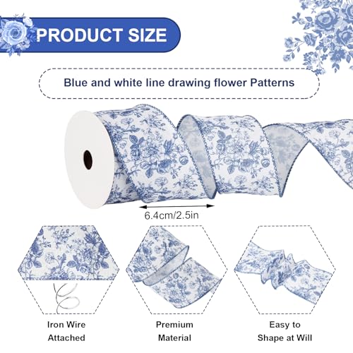 Floral Wired Edge Ribbon Blue Flower Craft Ribbon Chinoiserie Decorative Fabric Ribbons for DIY Crafts Wreath Bow Making