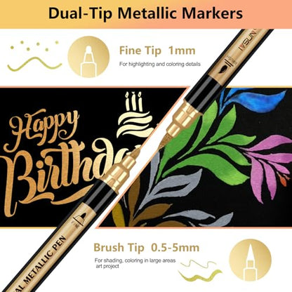 12 Colors Dual Tip Metallic Acrylic Paint Marker pens with Brush & Fine (12 Count)
