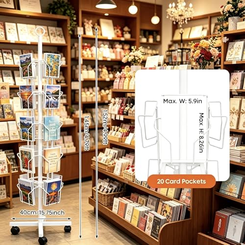White Greeting Card Display Rack Rotating Flyer Stand 20 Pocket