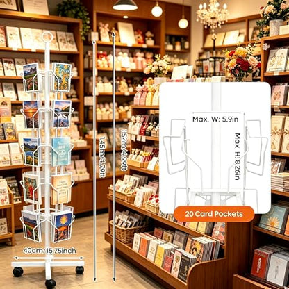 White Greeting Card Display Rack Rotating Flyer Stand 20 Pocket