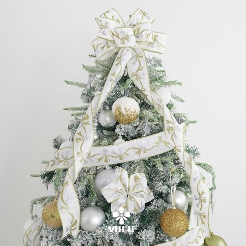 Gold and Silver Christmas Ribbon 2.5 Inch White Satin Ribbons with Gold and Silver Glittery Bows Pattern 10 Yards Christmas Wired Ribbon for Tree (30 Foot)