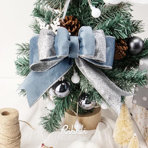 Dusty Blue Velvet Wired Ribbon 2.5 Inch Dusty Blue Velvet with Silver Glitter Christmas Ribbon for Christmas Tree Decoration Big Bow Gift Wrapping Crafts Wreaths Supplies (30 Foot)