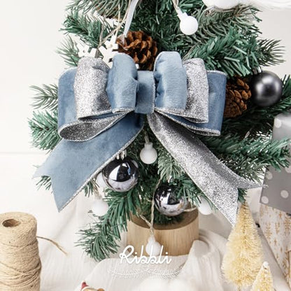 Dusty Blue Velvet Wired Ribbon 2.5 Inch Dusty Blue Velvet with Silver Glitter Christmas Ribbon for Christmas Tree Decoration Big Bow Gift Wrapping Crafts Wreaths Supplies (30 Foot)