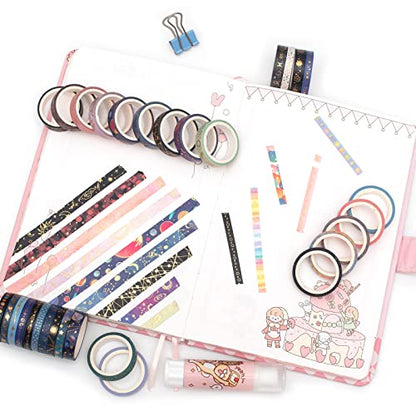 Skinny Galaxy Washi Tape Set 30 Rolls Gold Foil Decorative Starry Space Masking Tapes for Arts (295 Foot)