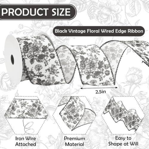 Floral Wired Edge Ribbon Black Vintage Flower Craft Ribbon Chinoiserie Decorative Fabric Ribbons for DIY Crafts Wreath Bow Making