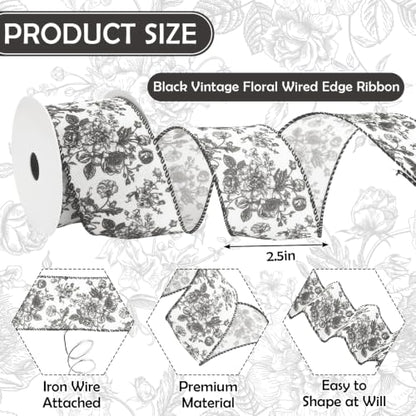 Floral Wired Edge Ribbon Black Vintage Flower Craft Ribbon Chinoiserie Decorative Fabric Ribbons for DIY Crafts Wreath Bow Making
