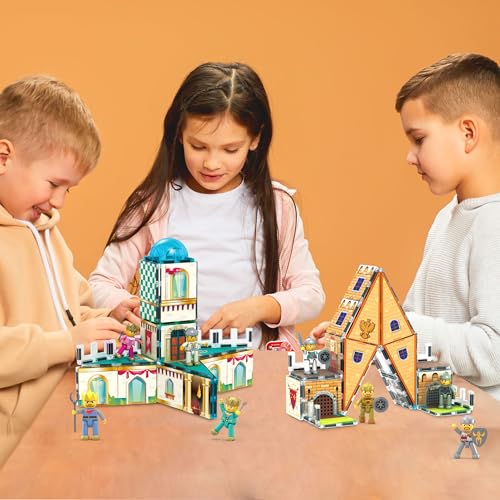 70pc Middle Age Medieval and Castle Theme Tile 2in1 8 Character Action Figures Magnet Tiles Building Block Pretend Magnetic Play Fine Motor Skill STEM Educational Construction Age3+ PTQ01