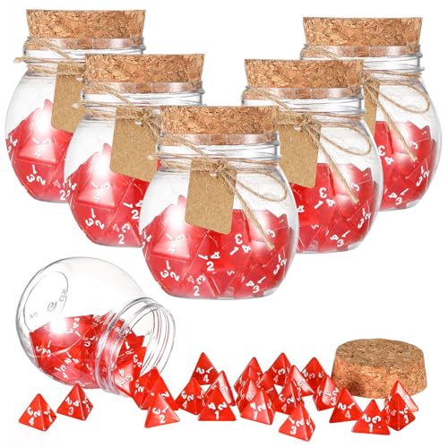 120 Pcs Transparent Red D4 Dice 6 Pcs Healing Potion Bottle Plastic Favor Jars with Cork Lids Polyhedral Dice Set for Table Games Role Play Accessory Party Favors (6 Count)
