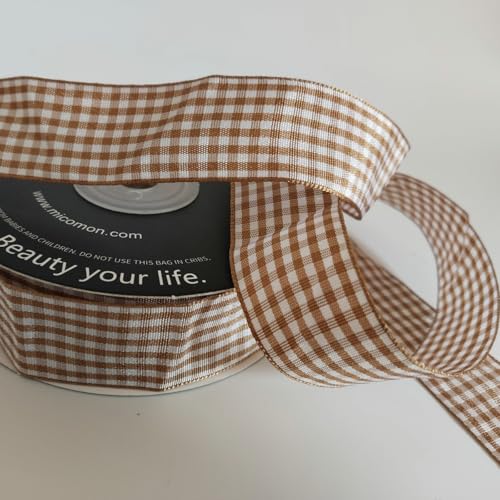 Khaki and White Woven Edge Plaid Checkered Bufflo Ribbon 100% Polyester Gingham Ribbon 25 Yards Each Roll (75 Foot)