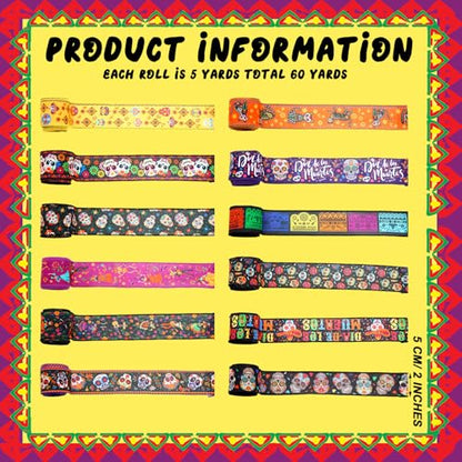 12 Rolls 60 Yard Day of the Dead Wired Ribbon for Wreath Craft Bow (12 Count)