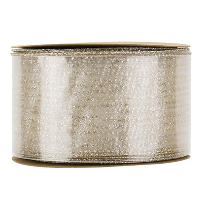 Champagne Gold Wired Ribbon 2.5 Inch Horizontal Stripes Glitter Polka Dot Christmas Ribbon Organza Sheer Ribbons 25 Yards Champagne Gold Glitter Ribbons for Christmas Tree (75 Foot)