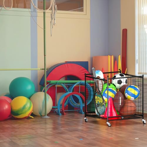 Ball Storage 22.83" Basketball Cart With Wheels Garage Volleyball Storage Sport Equipment Holder Organizer For Indoor Outdoor