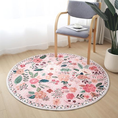 Round Rug 6ft Washable Circle Rug Non Slip Low Pile Boho Floral Small Circular Rug for Bedroom (28.2743 Sq Ft)