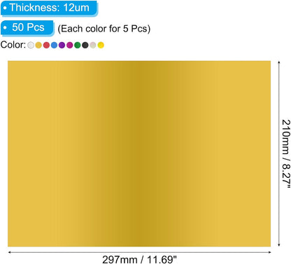 PATIKIL 11.7x8.3" Hot Stamping Foil Paper Sheet, 50 Sheets A4 Heat Transfer Hot Stamping Paper Foil for Leather DIY Logo Decor Craft Gift Package Scrapbook Card, 10 Colors