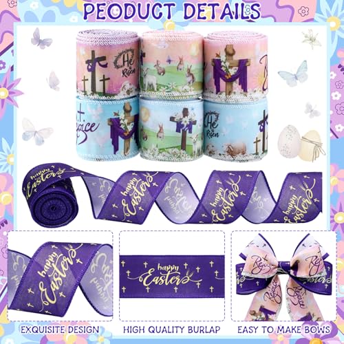 12 Rolls Spring Easter Ribbon He is Risen Cross Egg Wired Burlap Ribbon 2 Inch x 60 Lavender Purple Easter Decor Ribbons for Spring Wreath Tree Bow DIY Crafts Gift Wrapping Party Supplies 12 Styles (12 Foot)