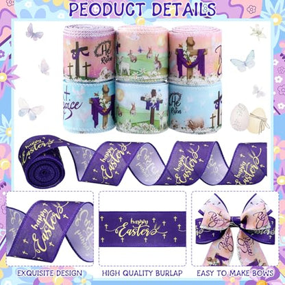 12 Rolls Spring Easter Ribbon He is Risen Cross Egg Wired Burlap Ribbon 2 Inch x 60 Lavender Purple Easter Decor Ribbons for Spring Wreath Tree Bow DIY Crafts Gift Wrapping Party Supplies 12 Styles (12 Foot)
