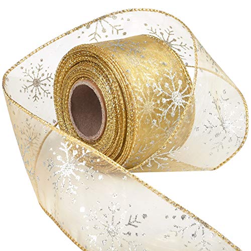 2.5 Inch Wide Christmas Wired Ribbon Snowflake Organza Sheer Glitter Ribbon for Xmas Tree (65.7 Foot)
