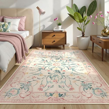 Pink Floral 8x10 Washable Rug for Living Room (11520 sq in)