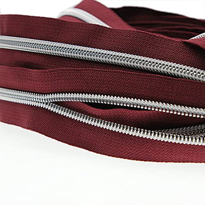 5 Metallic Silver Nylon Coil Zippers by The Yard Bulk 10 Yards Wine Color Zipper Tape with 25pcs Silver Sliders for DIY Sewing Tailor Craft Bag