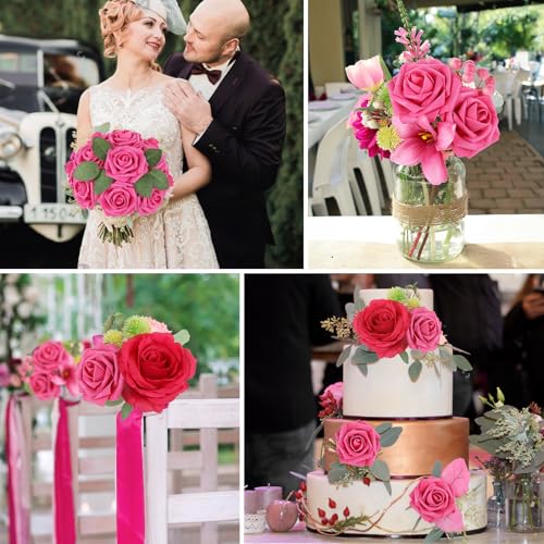 Hot Pink Rose 25pcs Real Looking Artificial Flowers w