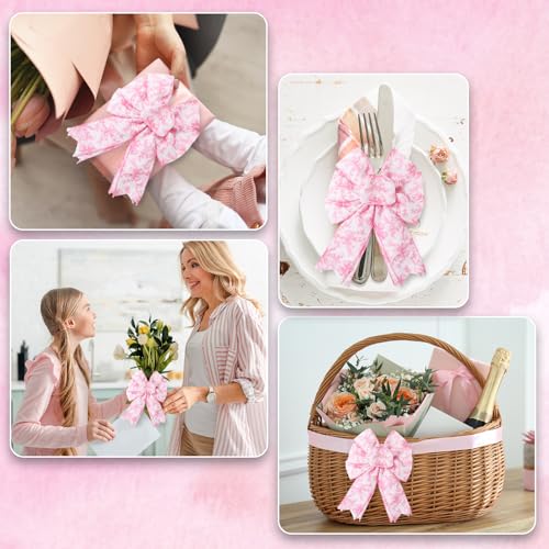 Pink Floral Bow Wired Edge Ribbon Chinoiserie Flower Bowknot Fabric Ribbon for DIY Crafts Wreath Bow Making Supplies