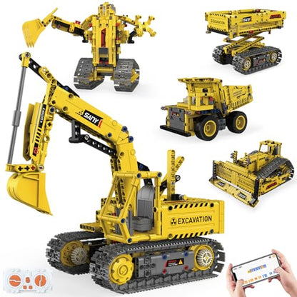 5-in-1 RC Excavator Building Kit for Kids 6+ | STEM Toys|555pcs App/Remote Controlled Excavator Kit | for Boys & Girls Ages 6+ | Rechargeable l Coding Robot Toy