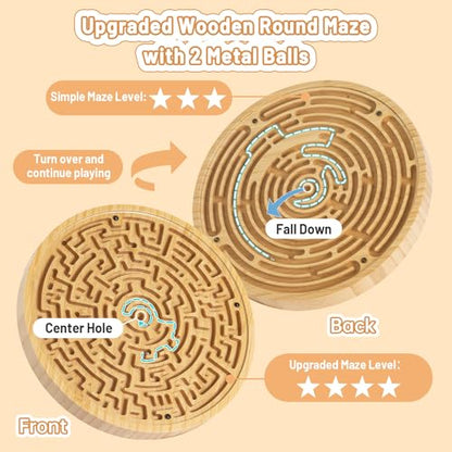 Wooden Labyrinth Board Game with Two Versions of Upgraded Circular Marble Maze with Two