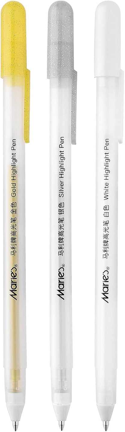 RVOGJP 3 Colors Gel Pen Set - White, Gold and Silver Gel Ink Pens for Black Paper Drawing, Sketching, Illustration, Card Making, Bullet Journaling, Pack of 3
