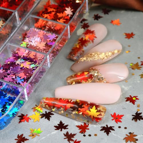 Thanksgiving Glitters Nails Sequins Fall Nail Glitter Sequins Autumn Maple Leaf Flakes Design Nails Charms Holographic Mixed Color 3D Confetti Maple Leaves Nails Glitter for Women (2 Ounce)