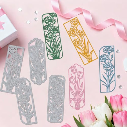 8PCS Background Flower Frame Metal Cutting Dies Floral Die Cuts for Card Making Rectangle Frame Metal Die Cuts Embossing Stencil Template for DIY Crafting Scrapbooking Bookmark Album Decor (8 Count)