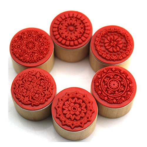 6 Pieces Floral Pattern Round Wooden Rubber Stamp for Scrapbooking (6 Count)