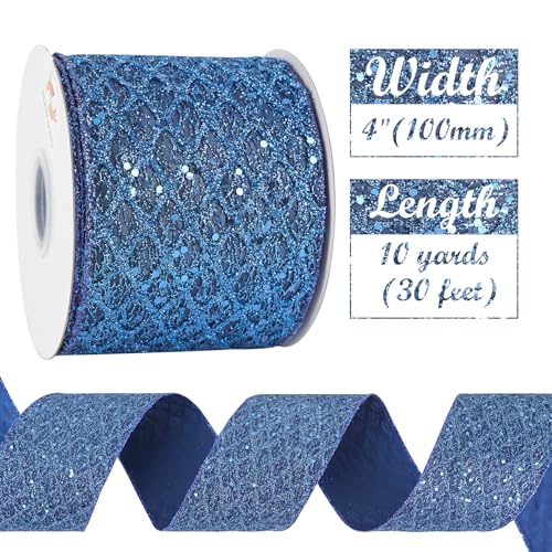 Navy Blue Glitter Wired Christmas Ribbon 4 inch x 10 Yards (30 Foot)