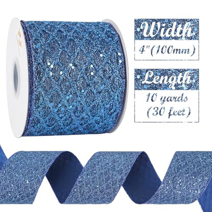 Navy Blue Glitter Wired Christmas Ribbon 4 inch x 10 Yards (30 Foot)