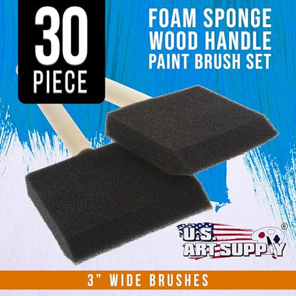 US Art Supply 3 inch Foam Sponge Wood Handle Paint Brush Set (30 Count)