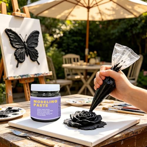 Black & Golden Acrylic Modeling Paste & 5pcs Piping Bags Bags & Squeegee with Teeth (13.53 Ounce)