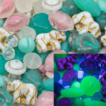 1.4oz (40g) Mix of Czech Glass Beads, Elephants, Uranium Beads, Murex Shell Beads, Lemon Beads, Hand Made Set Kit, UV Active Turquoise Pink